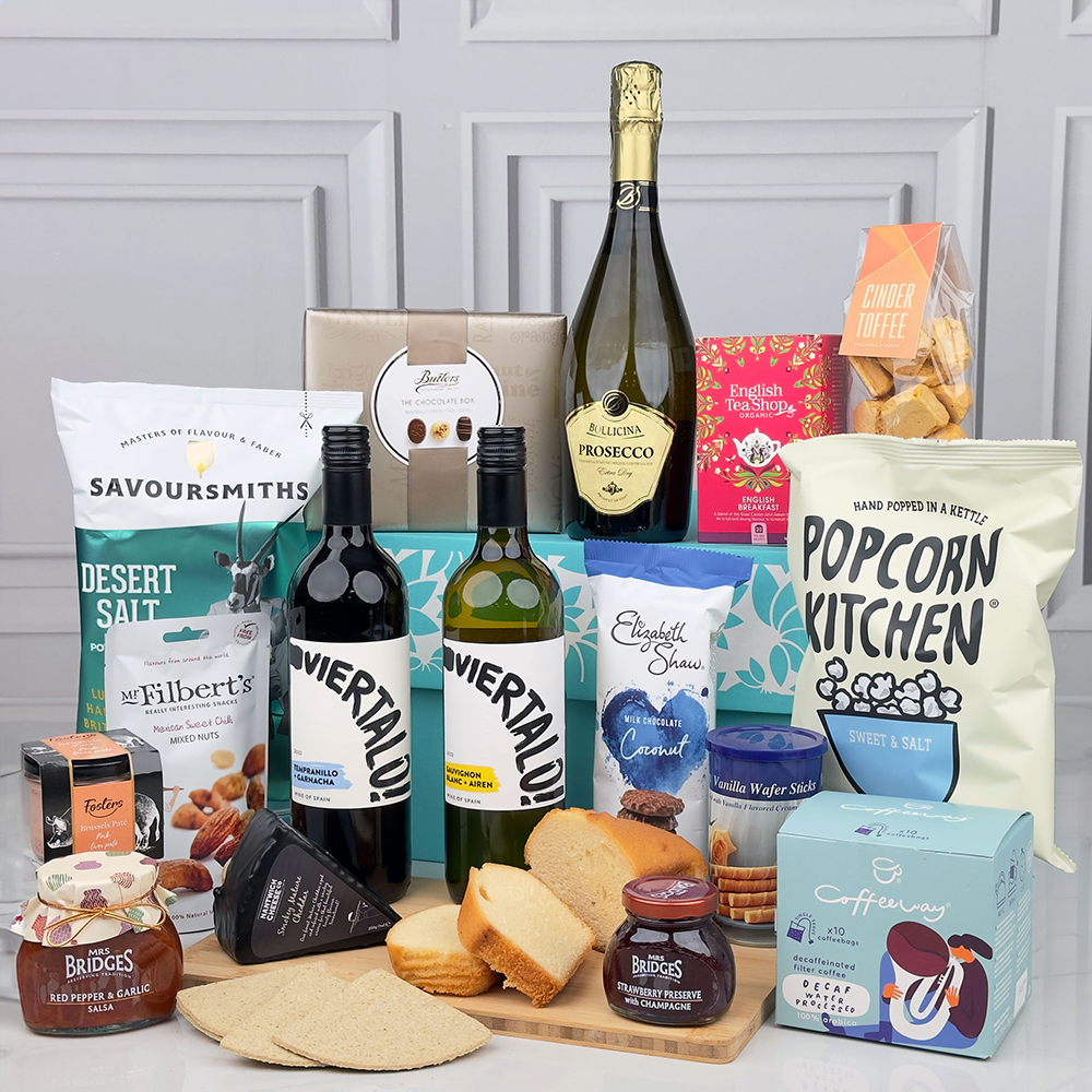 Simply Thank You Hamper featuring wine, popcorn, cakes, chutney, and more